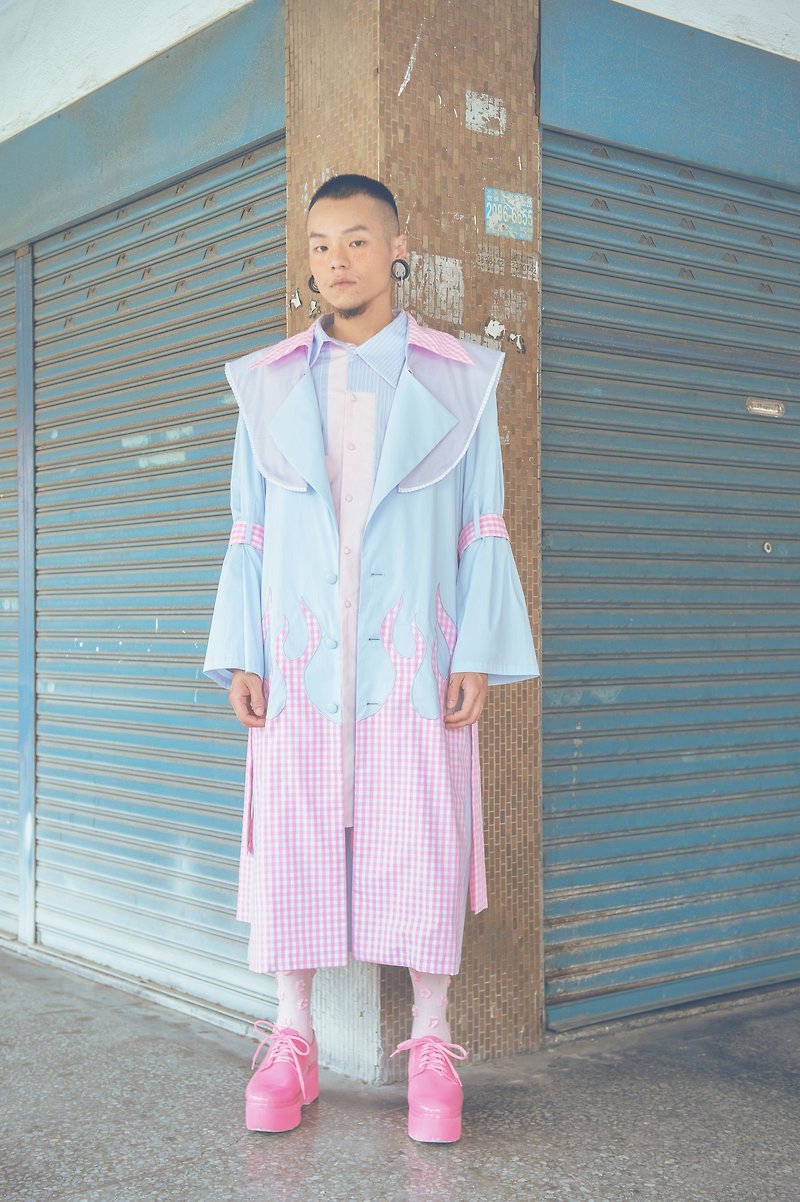 粉色格纹火焰教士大衣(191J01) - 男装外套 - 棉．麻 蓝色