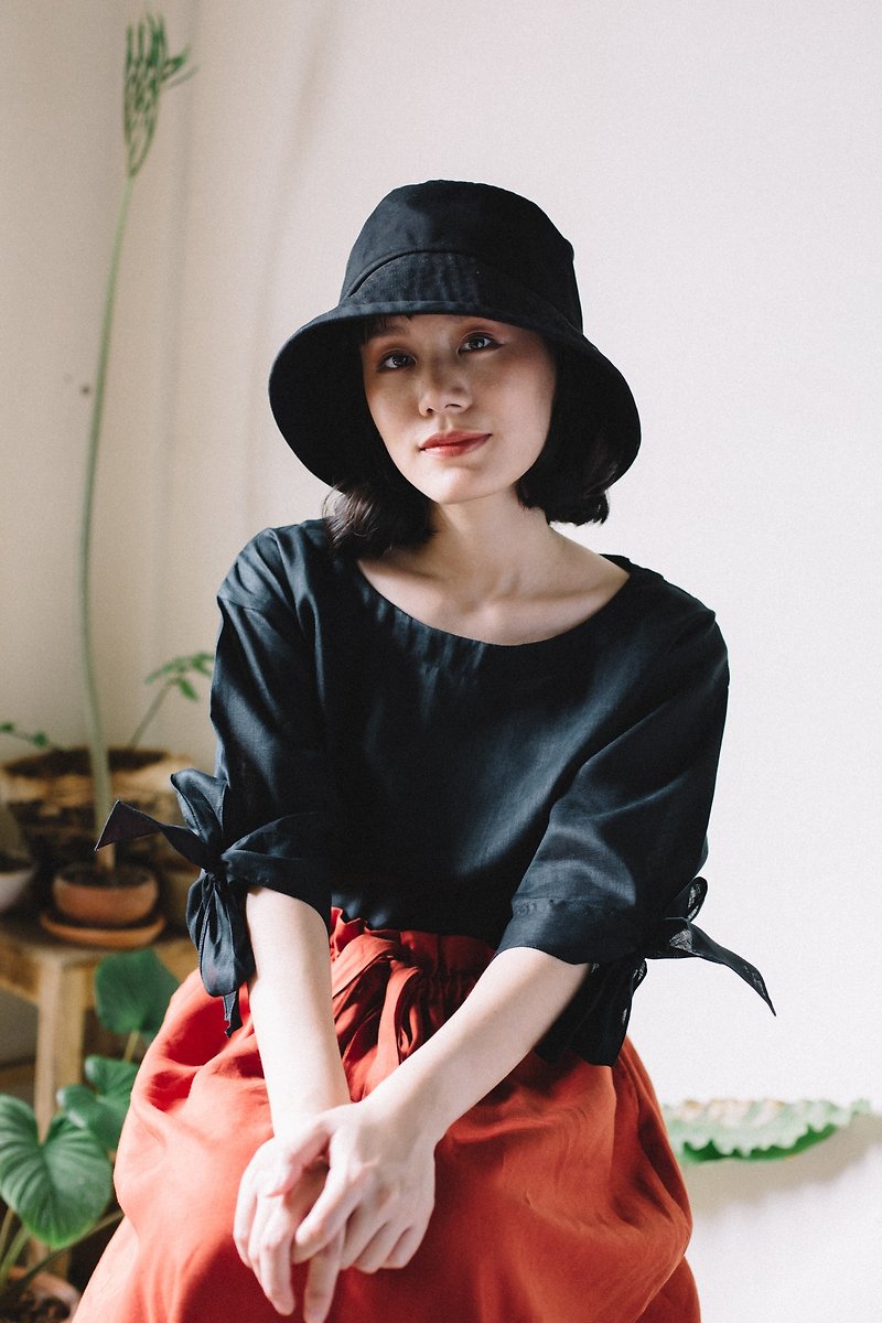 Tunic top with bow tie in Black - 女装上衣 - 棉．麻 黑色