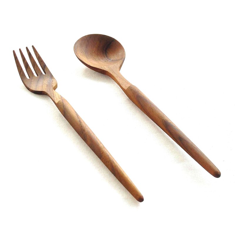 柚木餐匙和叉子，汤匙和叉子，便携式套装，优质餐勺。 - 餐刀/叉/匙组合 - 木头 咖啡色