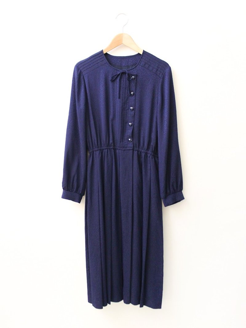 日本制复古深蓝色圆点点印花长袖古着洋装 Japanese Vintage Dress - 洋装/连衣裙 - 聚酯纤维 蓝色