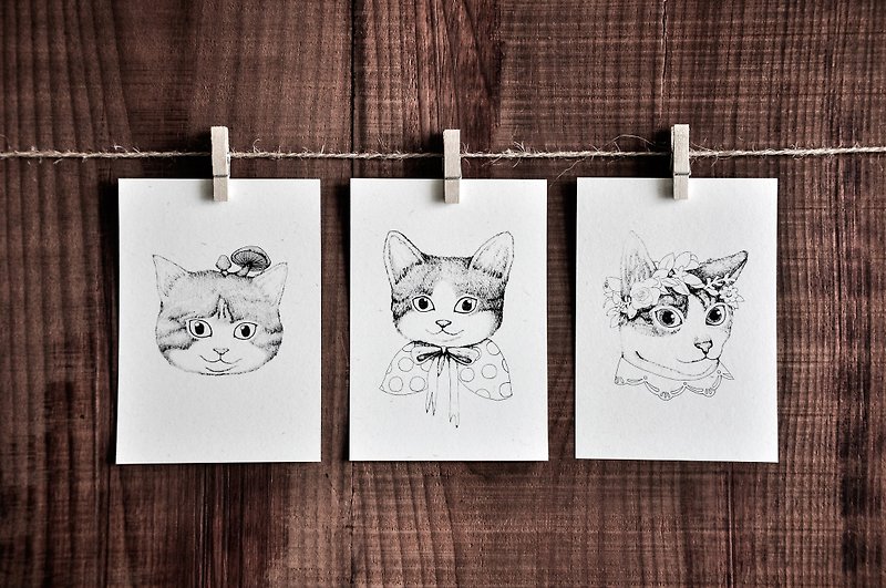 猫肖像系列卡片－香菇猫 / 圆点点披风猫猫 / 花圈猫 / 明信片 - 卡片/明信片 - 纸 白色