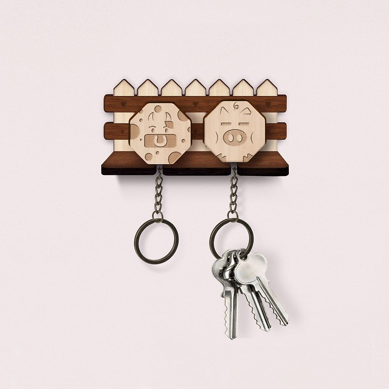农场动物－定制化原木钥匙圈挂架组 (两入款)－钥匙/收纳/壁挂/新居落成 - 钥匙链/钥匙包 - 木头 卡其色