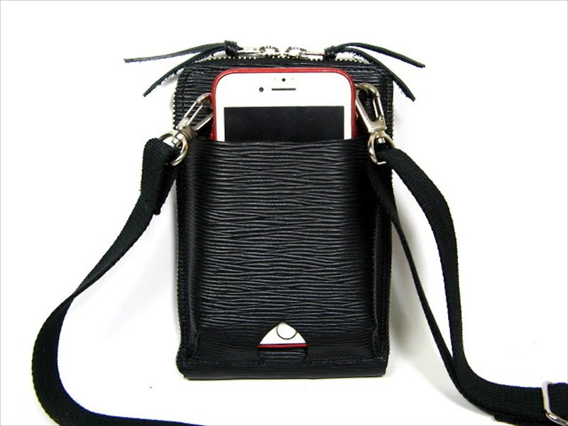 スマホ　ポシェット型ケース　コイン　カード　札入れ付き　ウェーブ - 手机壳/手机套 - 真皮 黑色
