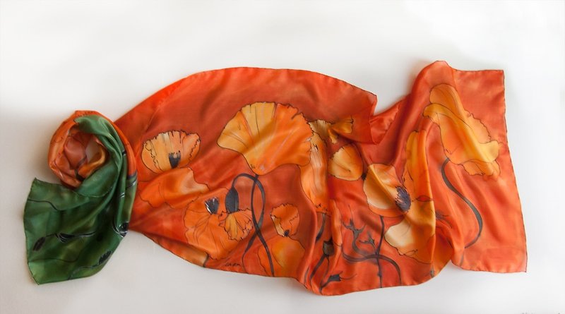 Orange Poppies scarf painted/ Bright tangerine scarf/ Handpainted silk/ - 丝巾 - 丝．绢 橘色