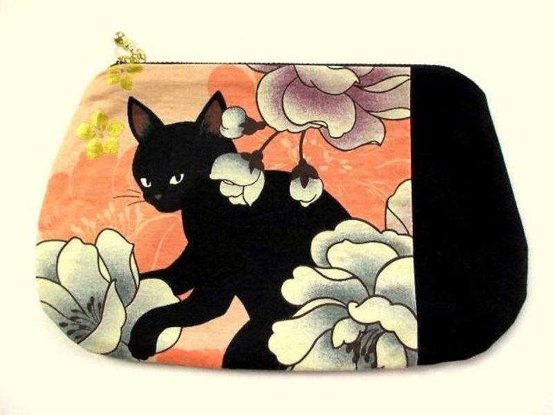 黒猫の和柄平ポーチ＊オレンジＣ - 化妆包/杂物包 - 棉．麻 橘色