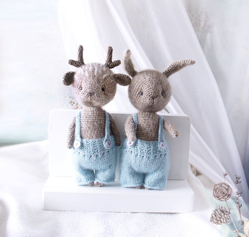 Deer and Bunny Set of toys, Stuffed Animal Dolls with clothes, Gift for Twins - 玩偶/公仔 - 羊毛 蓝色