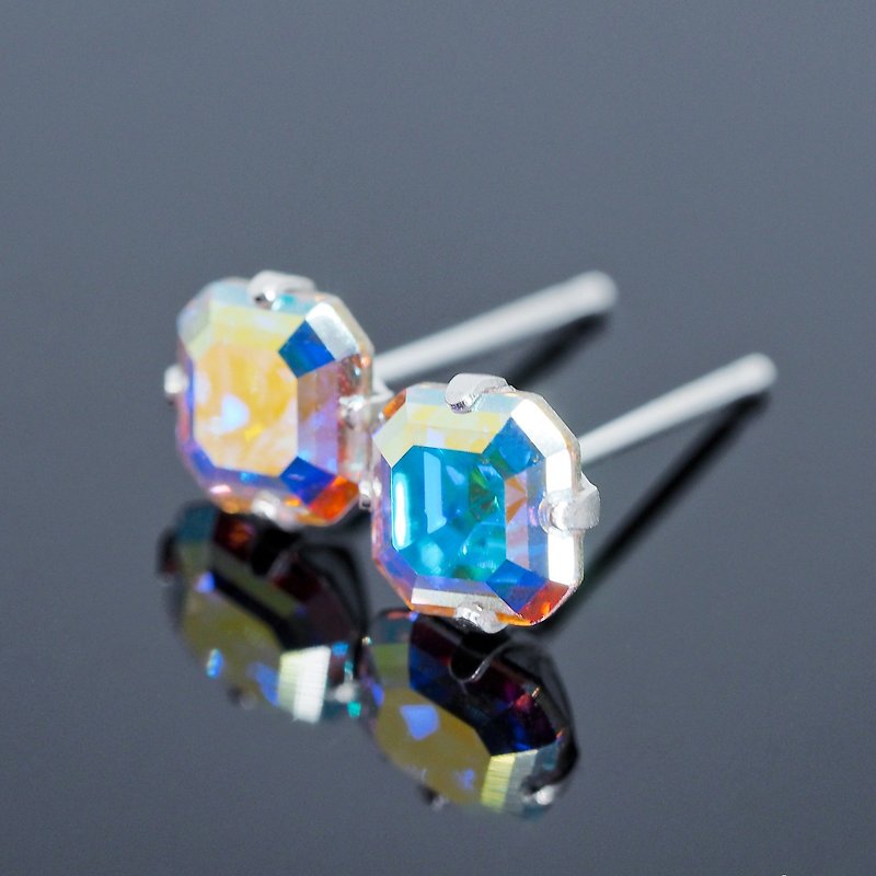 AB Rainbow Swarovski Crystal Earrings, Sterling Silver, 6mm Square, Mermaid Blue - 耳环/耳夹 - 纯银 多色
