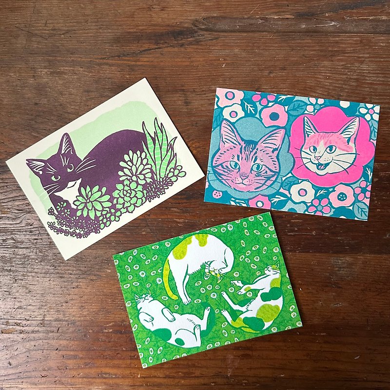 猫和植物 孔版印刷 明信片 - 卡片/明信片 - 纸 多色