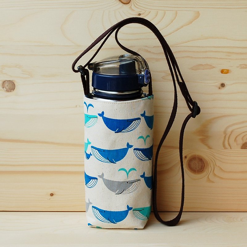 鲸鱼喷水斜背可调式水壶袋 - 随行杯提袋/水壶袋 - 棉．麻 蓝色