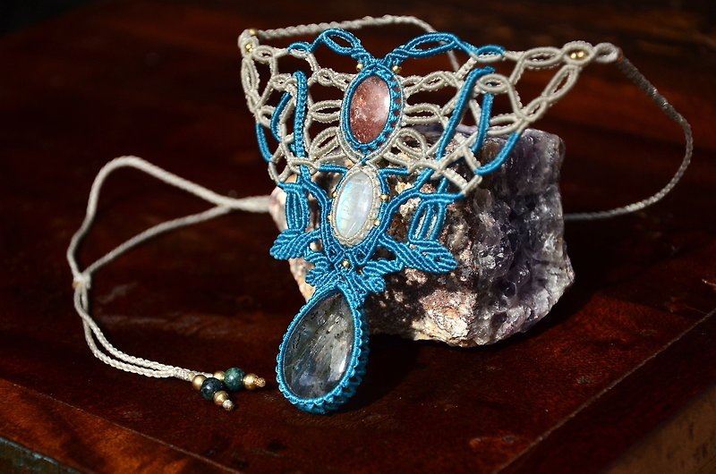天然水晶-月光石/日光石/拉长石-手制编绳项链 - 项链 - 宝石 蓝色