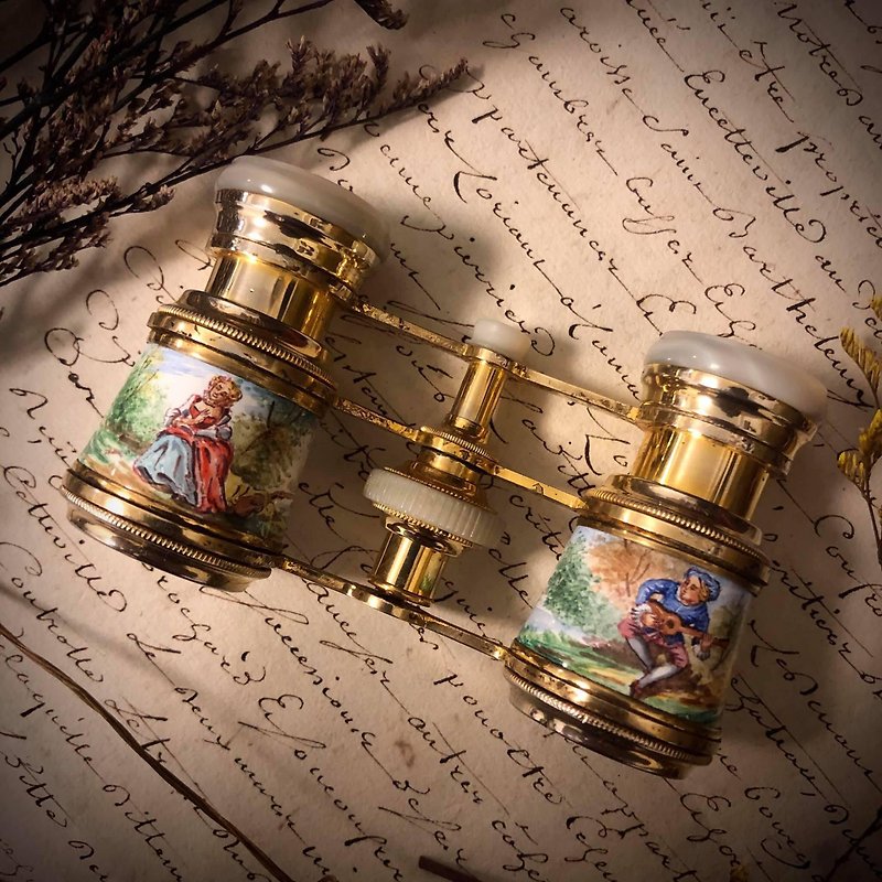 罕见法国百年古董彩绘双筒歌剧望眼镜 - 其他 - 铜/黄铜 卡其色