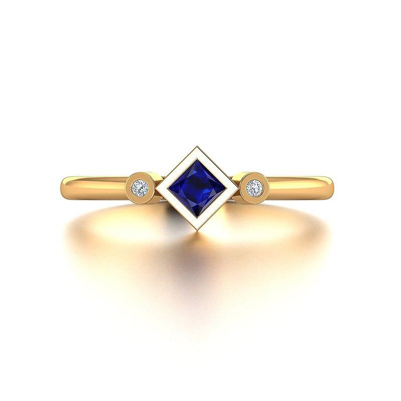 【轻珠宝】18K方型蓝宝石镶钻线戒戒指 简约婚戒订制 R045 - 戒指 - 宝石 蓝色