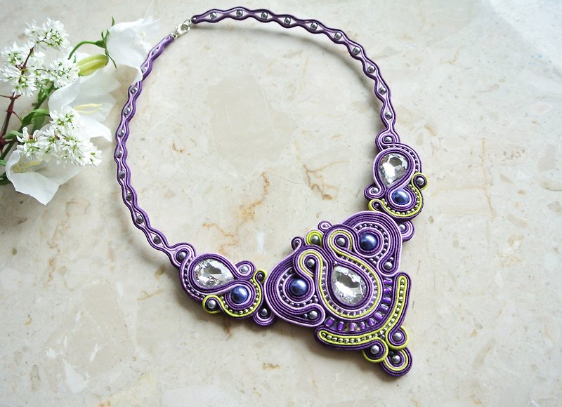 Purple statement necklace Soutache embroidered bib rhinestone crystal bohemian