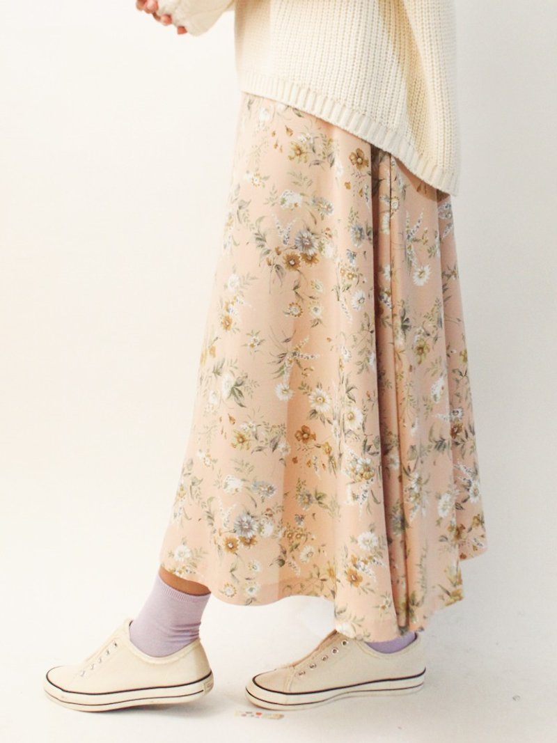 复古日本制甜美浪漫小碎花朵粉色古着长裙 - 裙子 - 聚酯纤维 粉红色