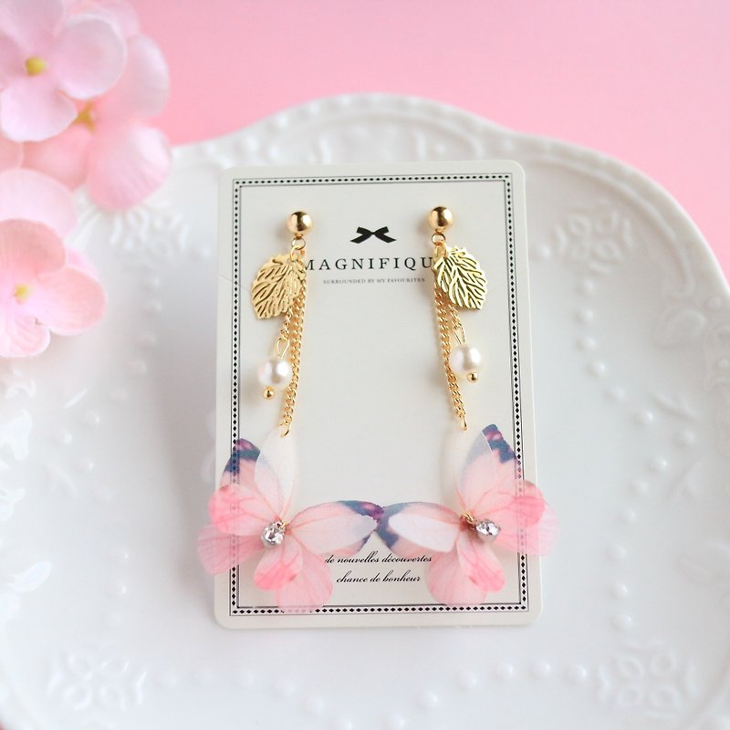 粉色珍珠金葉子水鑽石雙層360度花式立體櫻花朵真絲紗蝴蝶耳環﹣耳針/耳夾式 - 耳环/耳夹 - 植物．花 粉红色