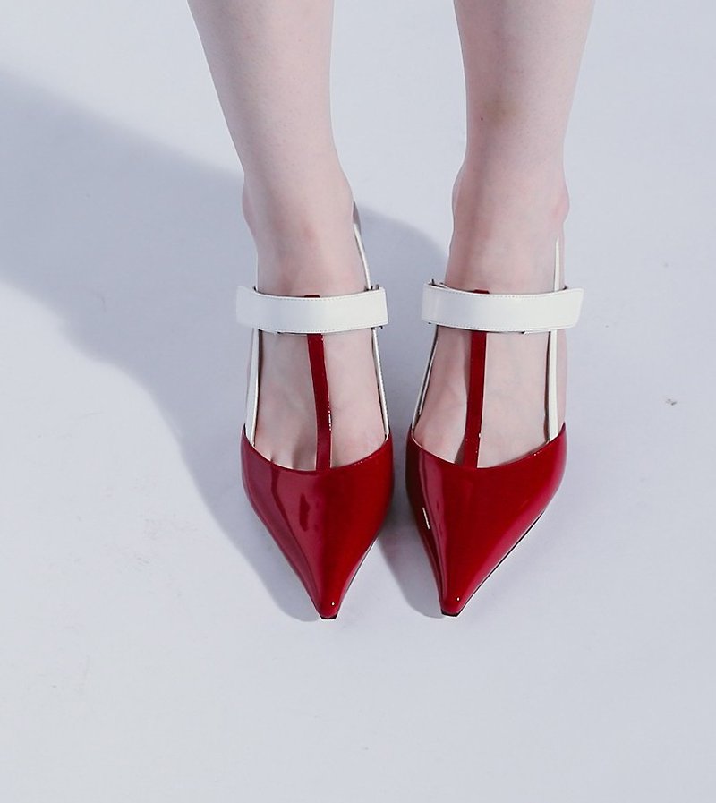 【 展示品出清 】T状结构 魔鬼毡设计 细低跟真皮凉鞋 红白 - 男女凉鞋 - 真皮 红色