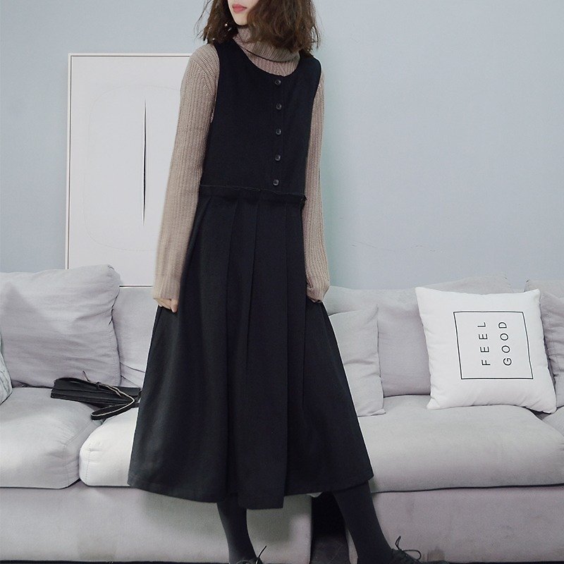 法式复古高腰洋装-藏青色|洋装|羊毛呢|独立品牌|Sora-91 - 洋装/连衣裙 - 羊毛 