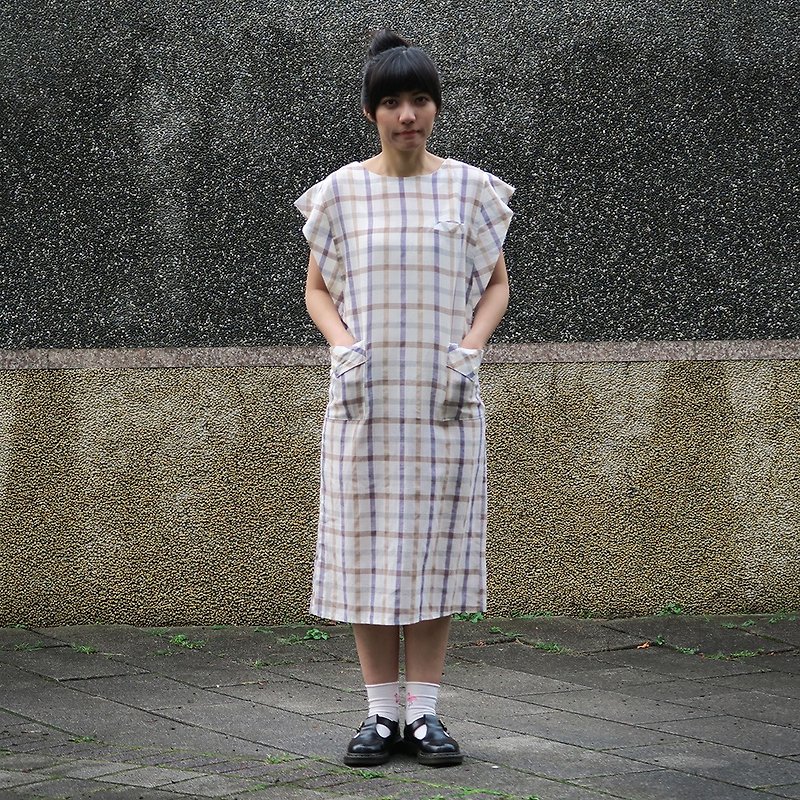 古着 日本系 白色 格子纹 短袖洋装 - 洋装/连衣裙 - 棉．麻 