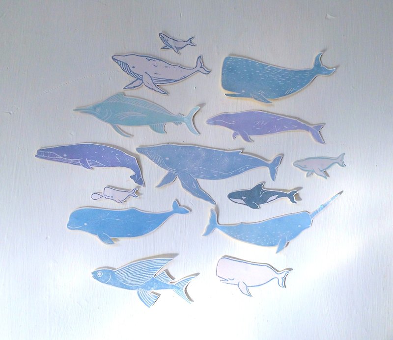 海生物贴纸组 全14种 鲸鱼／飞鱼／旗鱼 - 贴纸 - 纸 蓝色