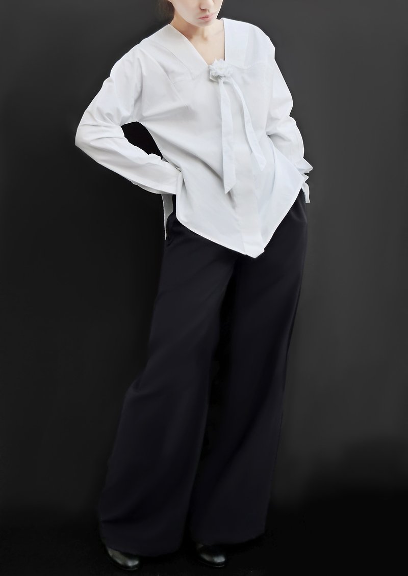 折り紙ロングスリーブフラワーリボンシャツ / コットン100%/ 日本製 - 女装衬衫 - 棉．麻 白色