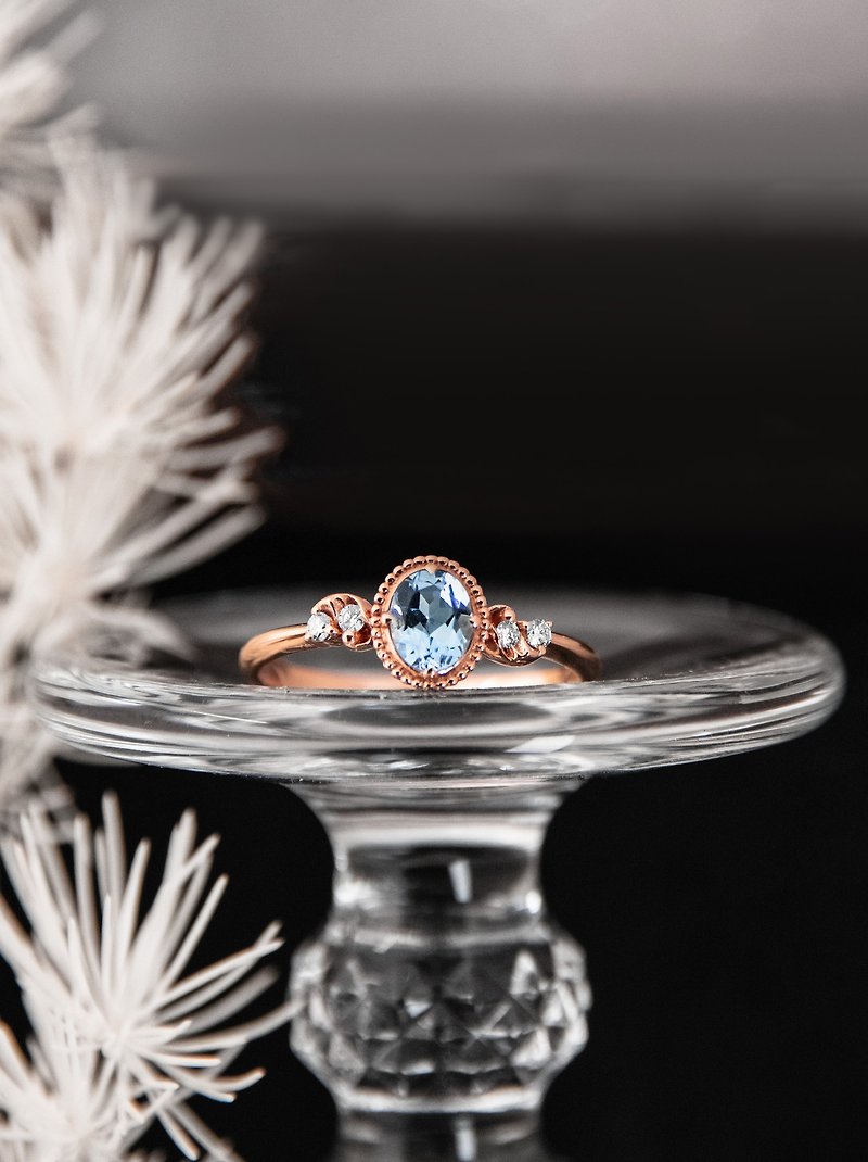 圣玛莉蓝 海蓝宝 浪漫卷叶点钻  玫瑰金 14K金 戒指 - 戒指 - 宝石 蓝色