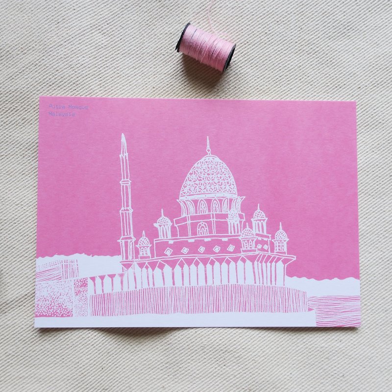 旅行风景马来西亚-粉红清真寺 / 插画明信片 - 卡片/明信片 - 纸 粉红色