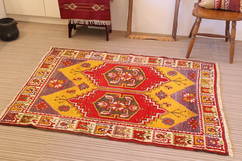 ウール&カシミヤ ハンドメイド ラグ 手織り 絨毯 アンティーク 150×108cm - 被子/毛毯 - 其他材质 橘色