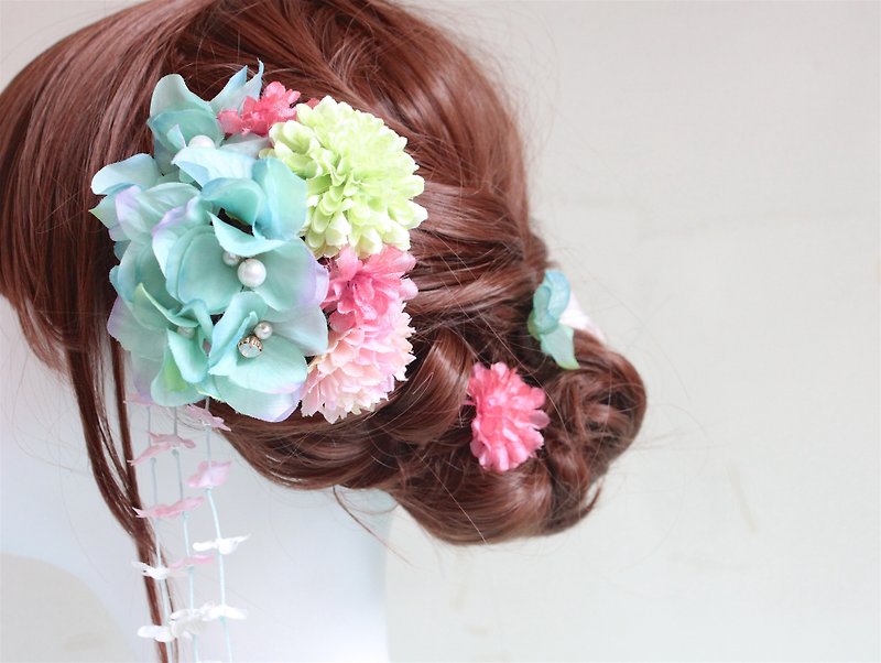 手工串珠日式 和服浴衣头饰 发簪 -5件套- 赏樱(定制化,请先查询) - 发饰 - 植物．花 多色