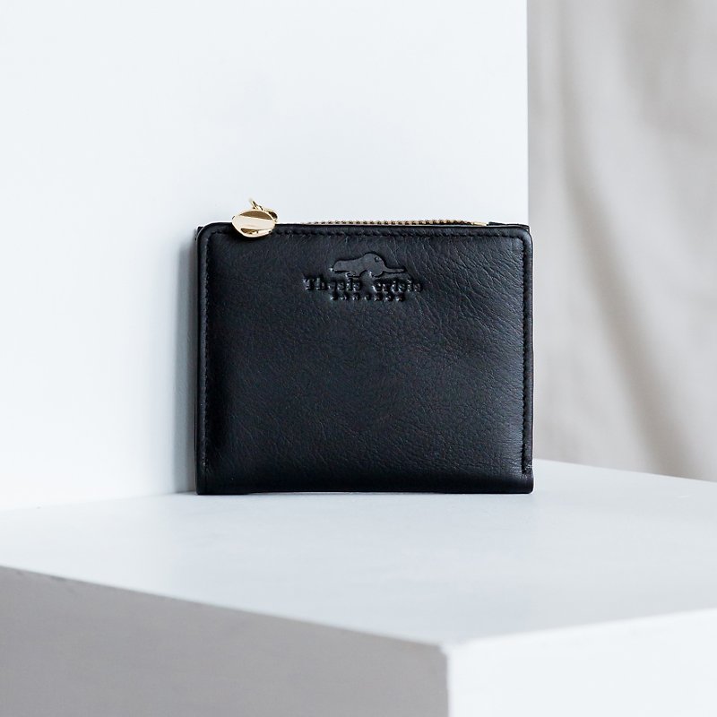 PEONY - SOFT COW LEATHER SHORT WALLET WITH COIN PURSE -BLACK - 皮夹/钱包 - 真皮 黑色