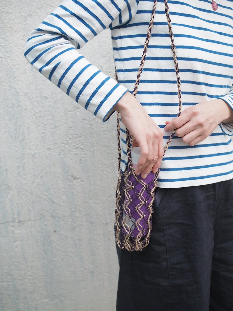手工编织水樽袋 | 可上肩 - 随行杯提袋/水壶袋 - 棉．麻 紫色