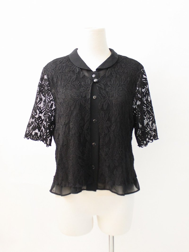 复古日本制典雅大人感蕾丝拼接假两件黑色短袖古着衬衫 - 女装衬衫 - 聚酯纤维 黑色