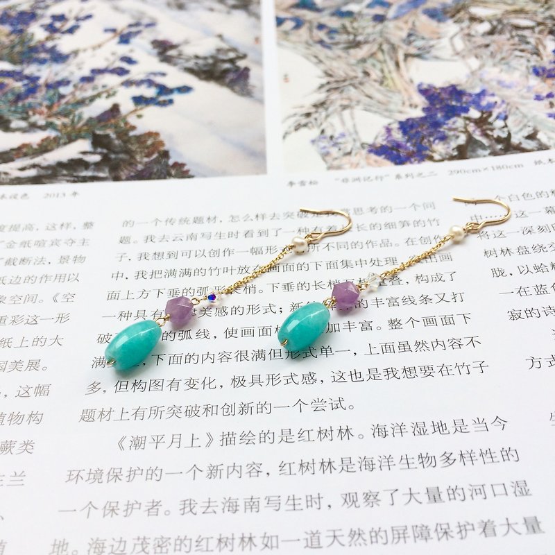 14kgf 天河石梦幻紫水晶珍珠耳环 可爱俏皮 - 耳环/耳夹 - 宝石 多色