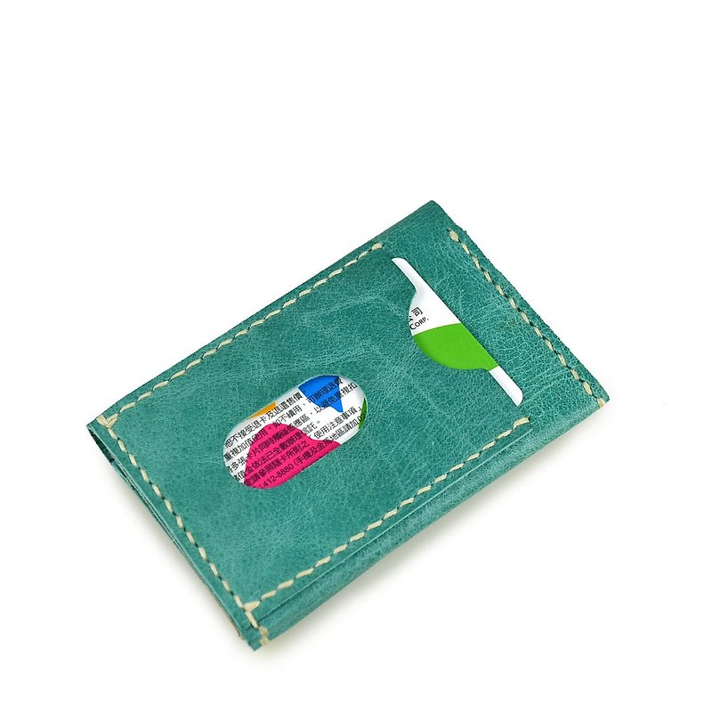 【U6.JP6 手工皮件】-纯手工缝制进口牛皮天然手作皮革缝制 蓝绿色.零钱包+卡片夹 / 万用包 - 皮夹/钱包 - 真皮 