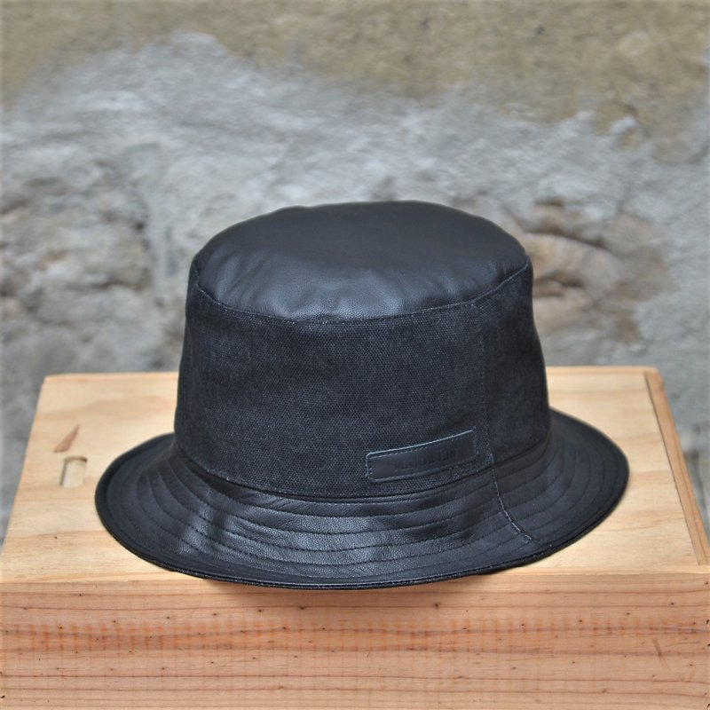 MAJORLIN 渔夫帽 真皮与酒袋布双料复古味 时尚流行帽子 黑色时尚 - 帽子 - 真皮 黑色