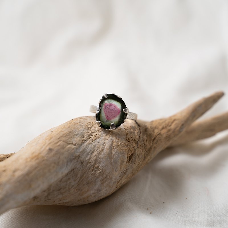 西瓜碧玺，独一无二的个性银戒指 - 戒指 - 半宝石 银色