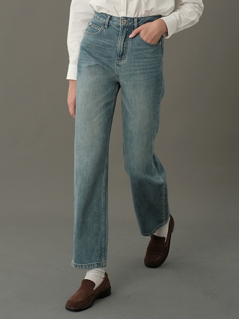 ECRU SOLI 素白已然 做旧感高端汉麻面料 复古蓝阔腿直筒裤 - 女装长裤 - 其他材质 多色