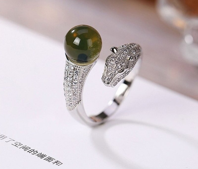 Zircons Crystals Leopard Rings for Women Natural Blue Amber Rings Shinning - 戒指 - 纯银 银色