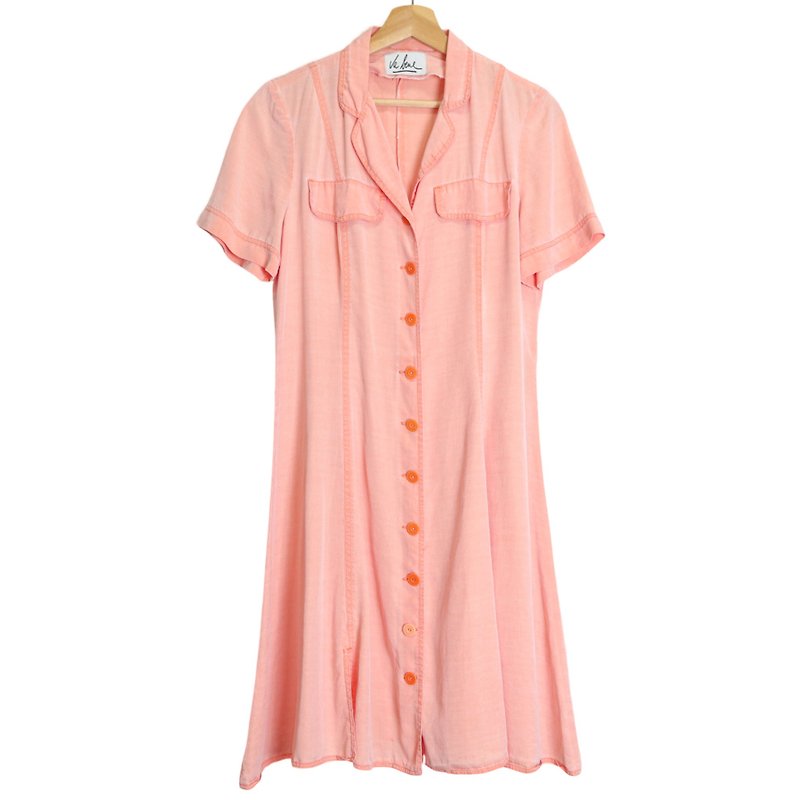 1980s 珊瑚橘素面排扣洋装 贝壳扣 古着洋装 - 洋装/连衣裙 - 丝．绢 粉红色