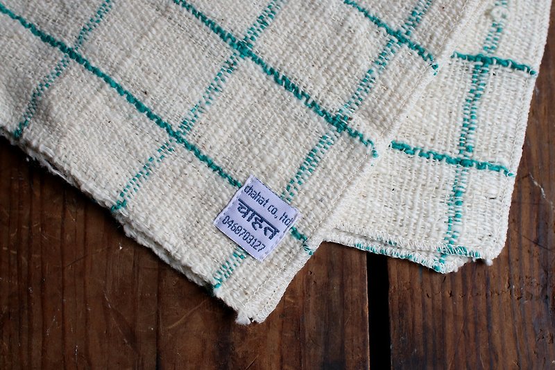 CHAHAT  Khadi甘地织方形手巾_绿色格线 - 餐垫/桌巾 - 棉．麻 白色