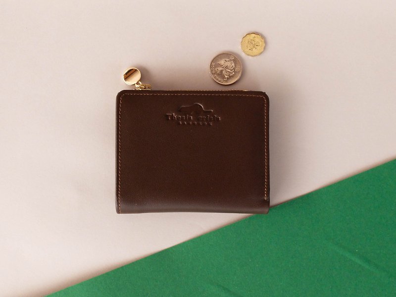 SMALL MINIMAL SHORT WALLET AND COIN PURSE-BROWN - 皮夹/钱包 - 真皮 咖啡色