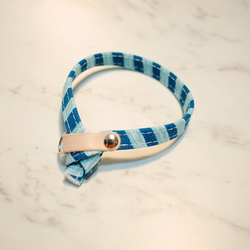 猫 项圈 日本棉布 蓝绿斑马线 蓝条纹 手绘风 双面设计 附铃铛 植楺皮 - 项圈/牵绳 - 棉．麻 