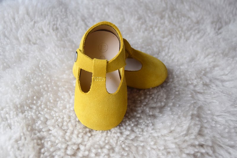 芥末黄真皮婴儿鞋 娃娃鞋 弥月礼物 学步鞋 满月礼盒 女宝宝礼物 - 婴儿鞋 - 真皮 黄色