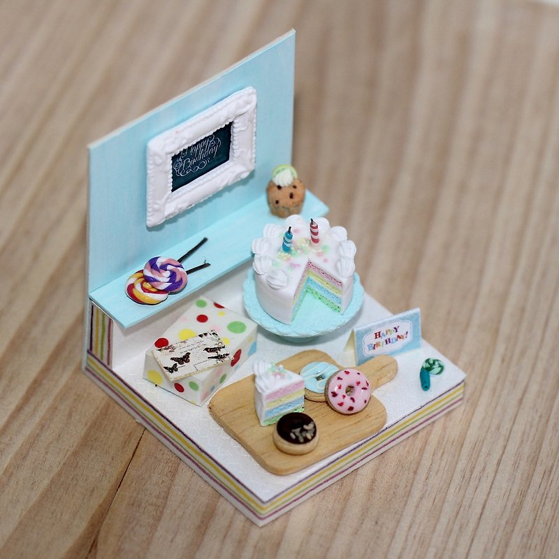 袖珍场景生日卡片 Miniature Happy Birthday Party - 卡片/明信片 - 粘土 蓝色