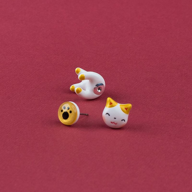 Maneki Neko Cat Earrings - Gold Lucky Cat Earrings Polymer Clay - 耳环/耳夹 - 粘土 金色