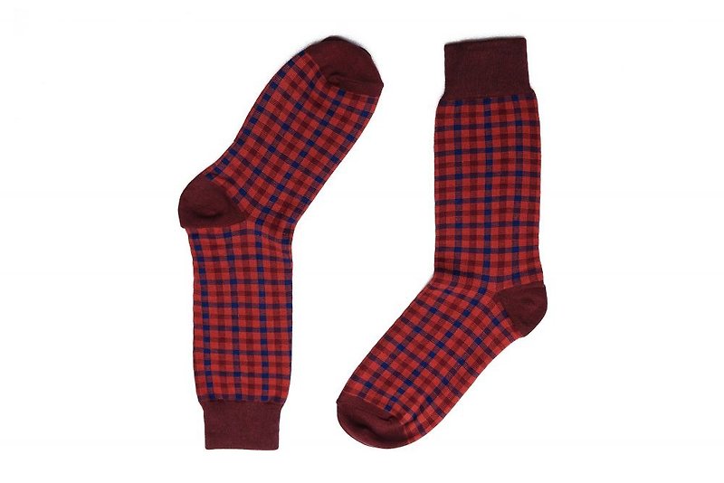 林果良品 格纹绅士袜 绯红 - 绅士袜 - 棉．麻 红色