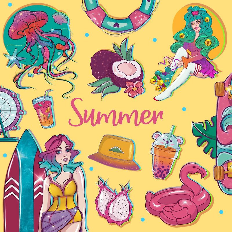 Summer Clipart, Summer Illustrations, Beach Party Illustrations - 电子手绘真人画像/绘画/插画 - 其他材质 
