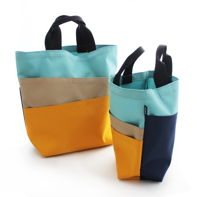 Layer tote bag large water blue x beige x yellow x navy - 手提包/手提袋 - 聚酯纤维 蓝色