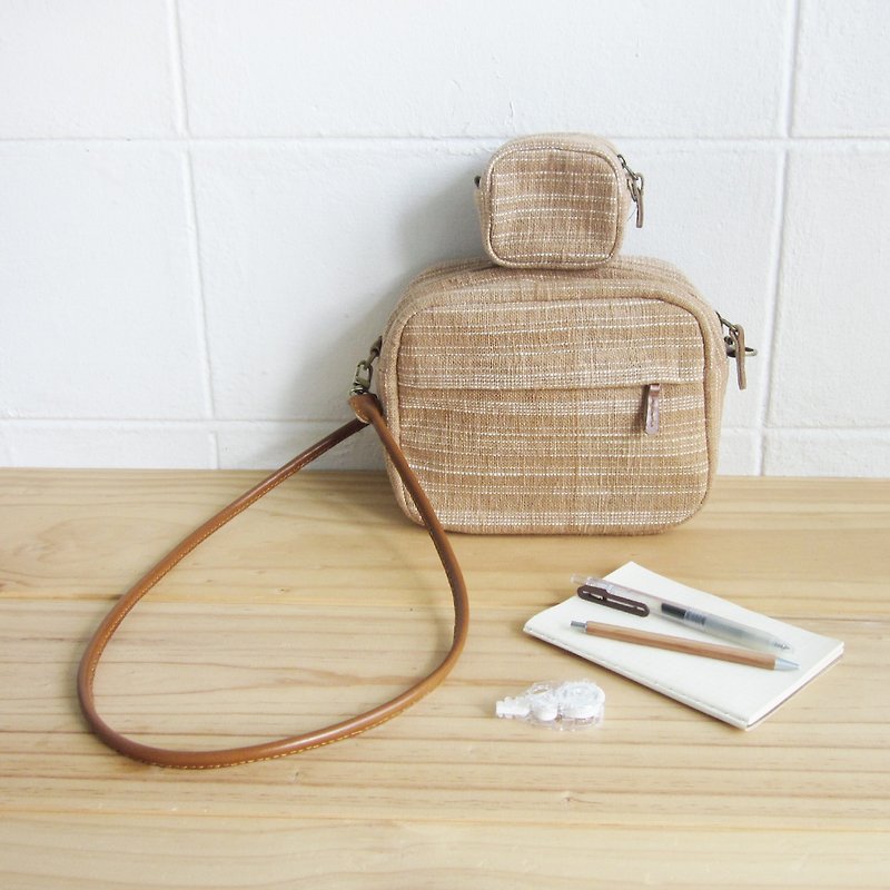 Goody Bag / A Set of Little Tan Midi Bag with Coin Bag S Size in Natural-Tan Color Cotton - 侧背包/斜挎包 - 棉．麻 橘色