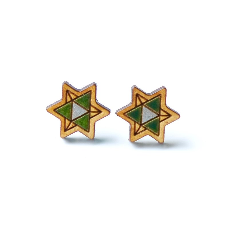 彩绘木耳环-星 (绿) - 耳环/耳夹 - 木头 绿色