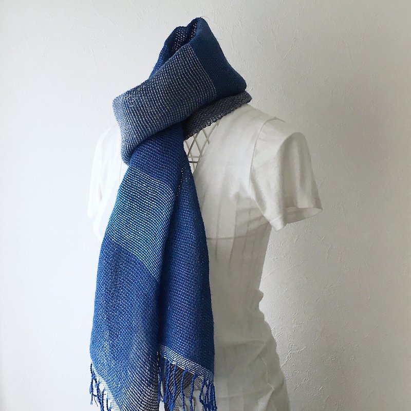 【綿＆リネン＆ヘンプ：オールシーズン】ユニセックス：手織りストール"Deep Blue" - 丝巾 - 棉．麻 蓝色